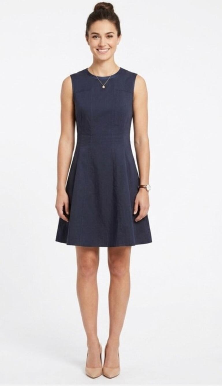 Theory Modern Tea Dress Navy Blue Linen Blend Minimalist Fit & Flare Size 10